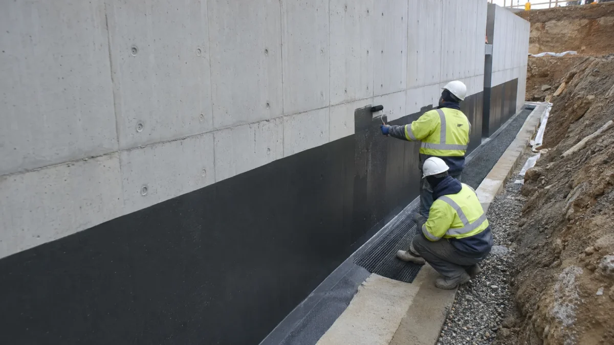 Temel ve perde beton yüzeyinde su yalıtımı uygulaması, kazı kenarı görünür