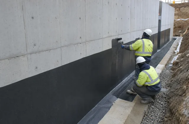 Temel ve perde beton yüzeyinde su yalıtımı uygulaması, kazı kenarı görünür