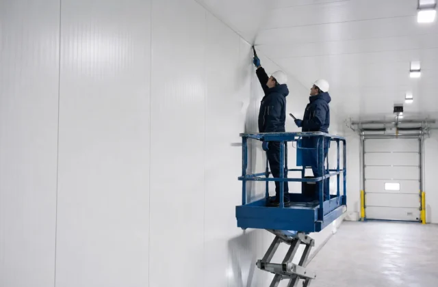 Makaslı platformdaki iki teknisyen, soğuk hava deposunun beyaz panel duvar ve tavan birleşimini inceliyor.
