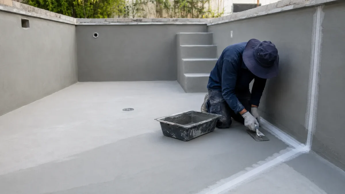 Boş beton havuzun iç yüzeyinde su yalıtımı uygulaması