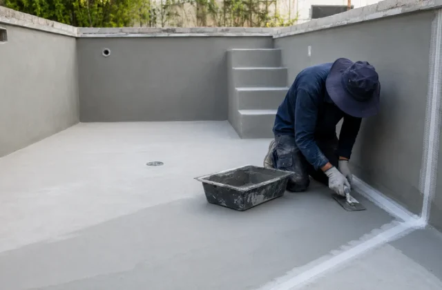 Boş beton havuzun iç yüzeyinde su yalıtımı uygulaması