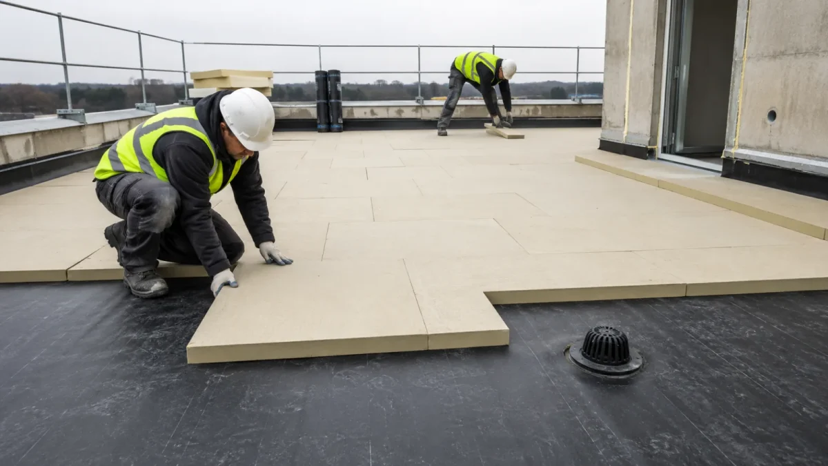 Beton teras yüzeyinde ısı yalıtımı katmanı seriliyor