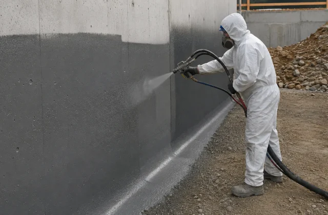 Temel ve perde beton yüzeyine poliürea püskürtülüyor
