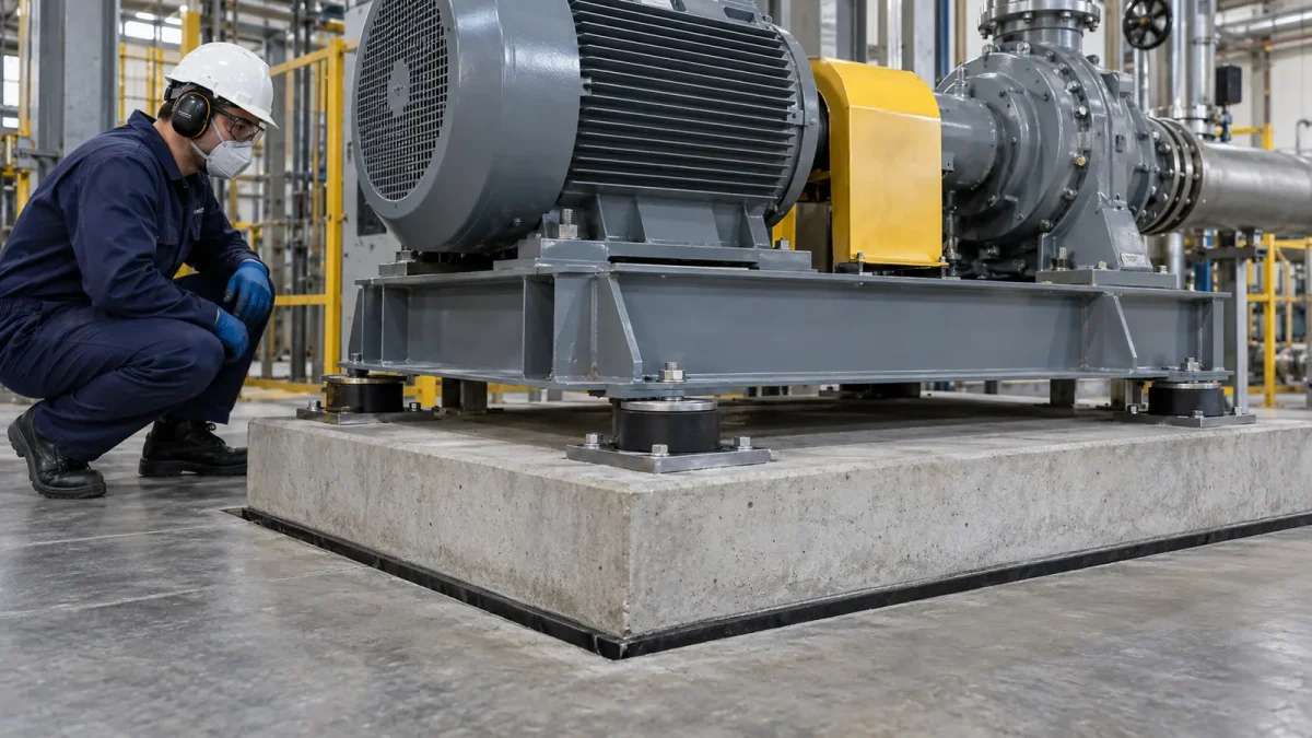Endüstriyel makine, beton kaide üzerindeki kauçuk ve çelik titreşim takozlarında duruyor.