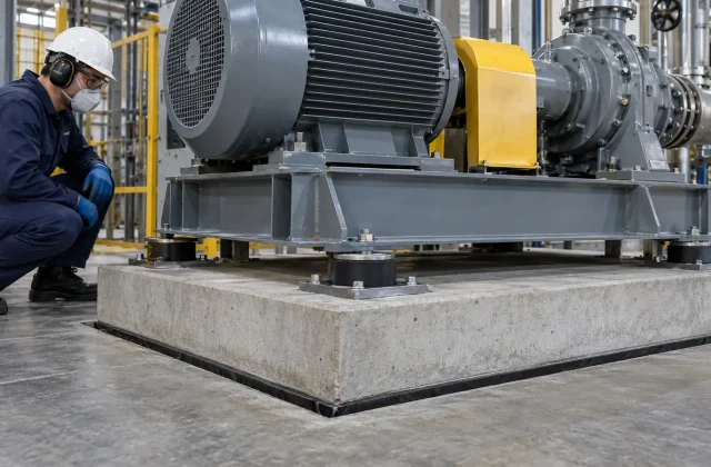 Endüstriyel makine, beton kaide üzerindeki kauçuk ve çelik titreşim takozlarında duruyor.